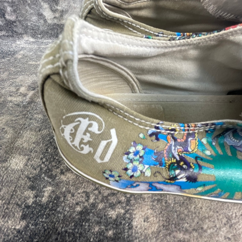 Ed Hardy Womens 7 Casual Slip-on Sneakers Y2K Tattoo Art Canvas Green Distressed - Picture 5 of 12